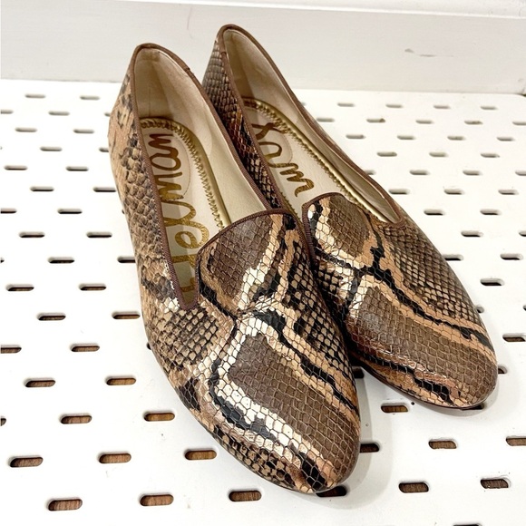 SAM EDELMAN Jordy Embossed Tan Bronze Snake Print Leather Loafers - 8 - Picture 1 of 9